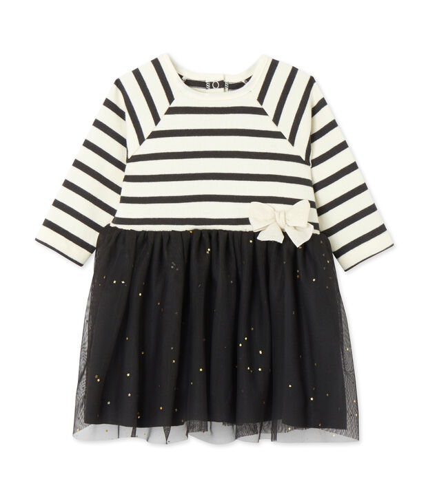 Vestido bi-materia para beb&eacute; ni&ntilde;a blanco/gris