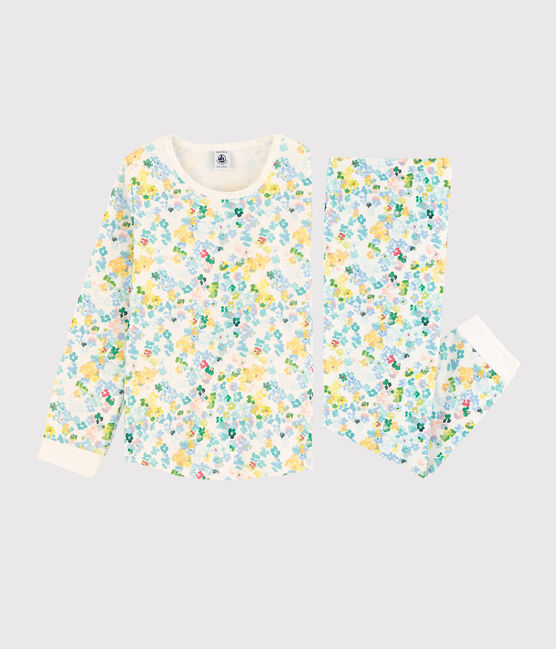 Pijama de flores de acuarela en felpa de niña blanco MARSHMALLOW/blanco MULTICO