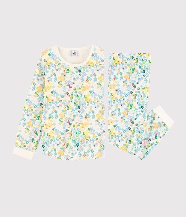 Pijama de flores de acuarela en felpa de ni&ntilde;a blanco/multicolor