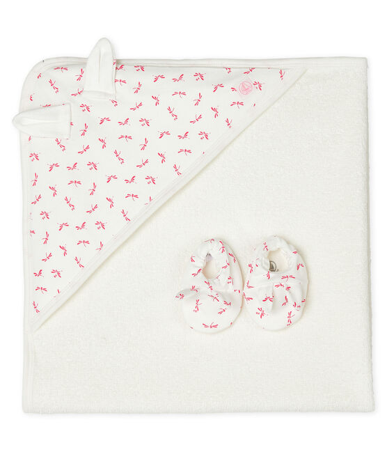 Estuche con toalla cuadrada de baño y patucos para bebé de rizo y punto. blanco MARSHMALLOW/rosa GROSEILLER