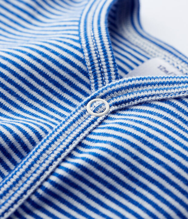 Pijama enterizo sin pies de rayas azules de algod&oacute;n de beb&eacute; azul/blanco