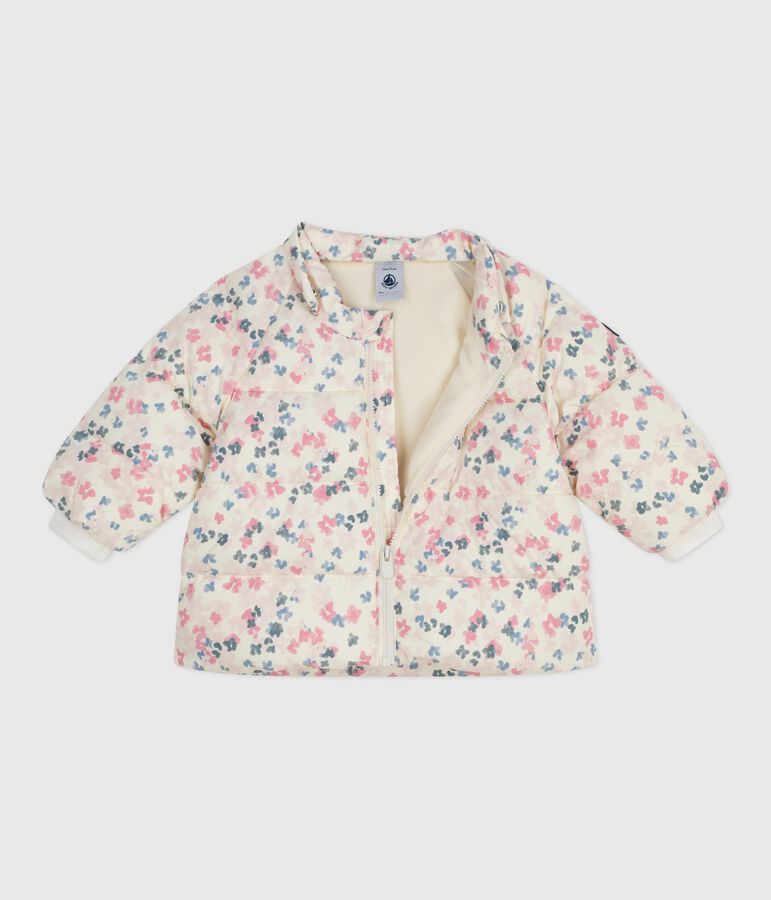 Chaqueta de plum&oacute;n para beb&eacute; con estampado floral y capucha extra&iacute;ble. crudo/multicolor