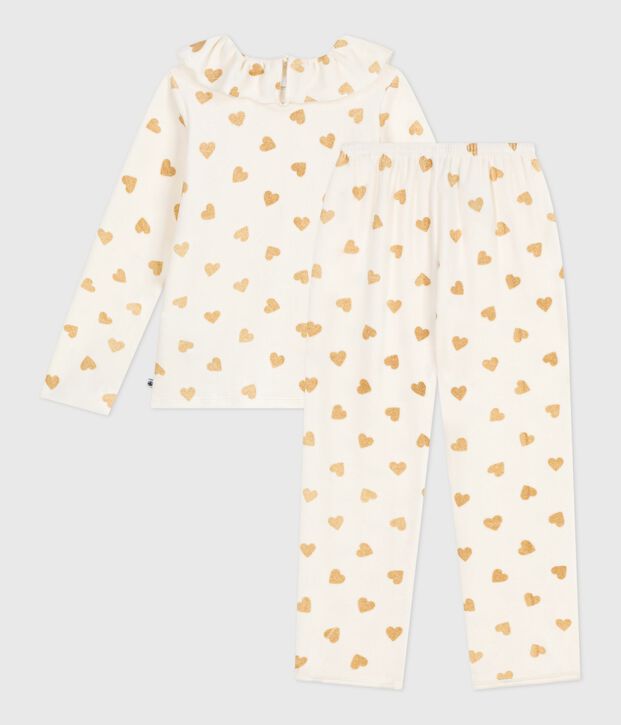 Pijama infantil de terciopelo con estampado de corazones dorados crudo/amarillo