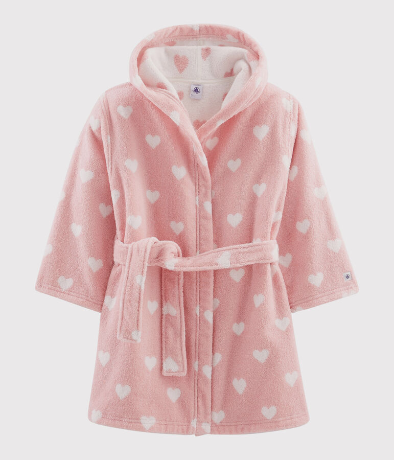 Albornoz con coraz&oacute;n de rizo para ni&ntilde;a rosa/blanco