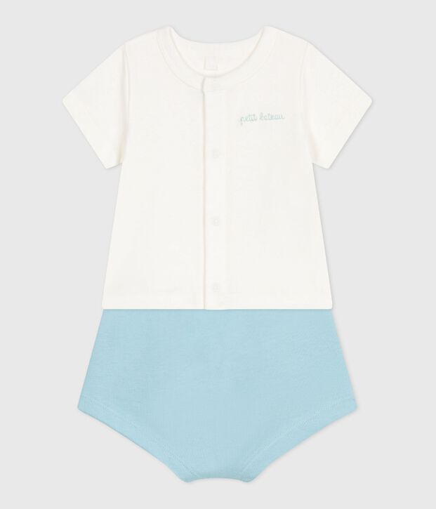 Conjunto de dos piezas de algod&oacute;n con parte inferior lisa para reci&eacute;n nacido azul/azul