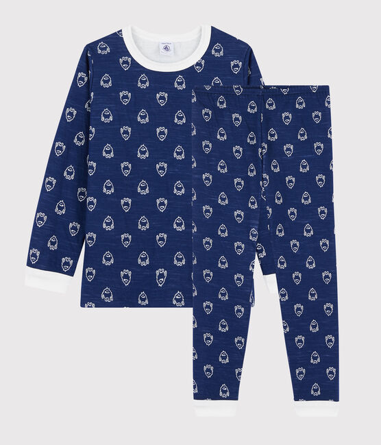 Pijama de jacquard con yeti de lana y algodón para niño pequeño azul MEDIEVAL/blanco MARSHMALLOW