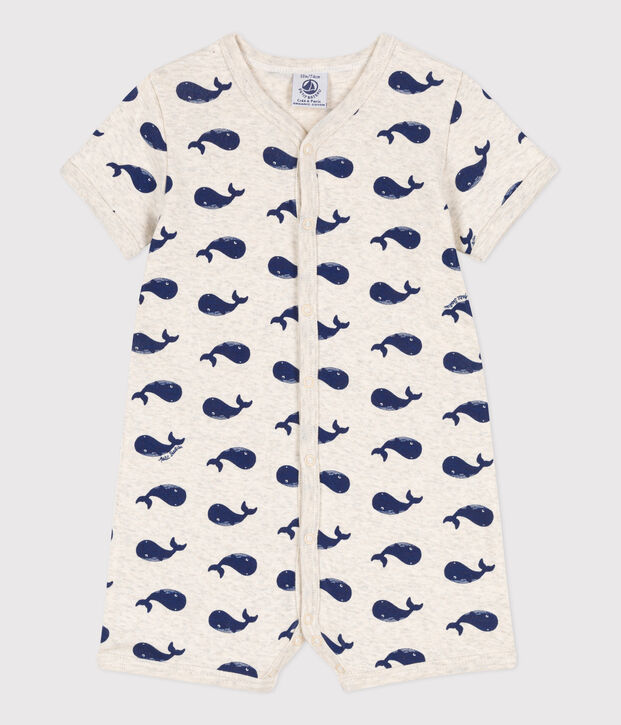 Mono corto de algod&oacute;n con ballenas marinas para beb&eacute; beige/blanco