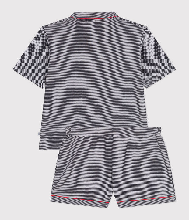 Pijama corto de algod&oacute;n con botones y rayas para mujer azul/blanco