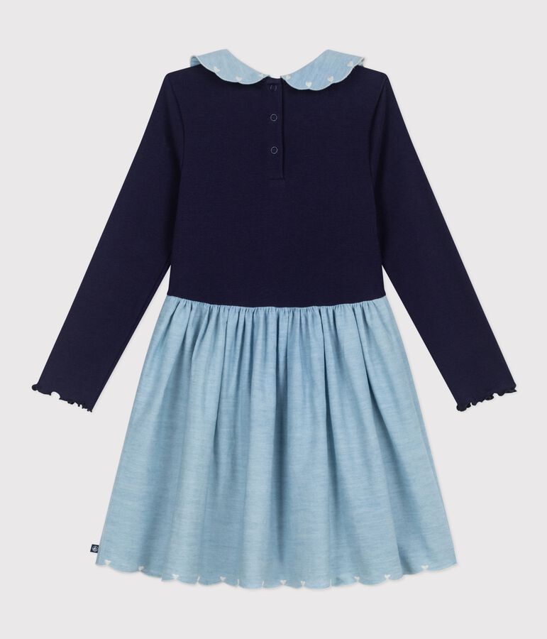 Vestido infantil de manga larga de dos materiales con algod&oacute;n azul SOIR