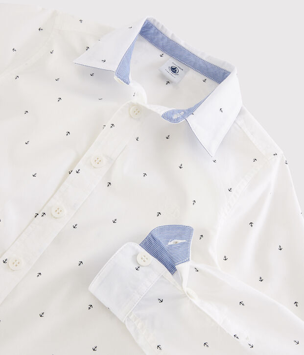 Camisa de manga larga de popelina de ni&ntilde;o. blanco/azul