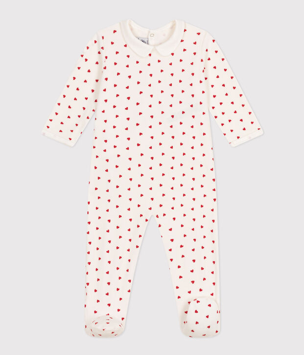 Pijama de terciopelo con corazones para beb&eacute; blanco/rojo