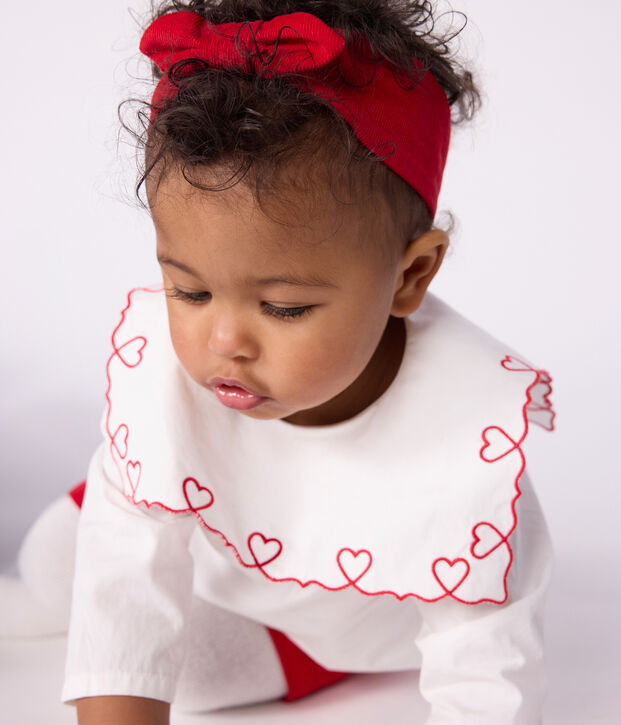 Blusa de popelina de algod&oacute;n de manga larga con bordado de corazones para beb&eacute; blanco
