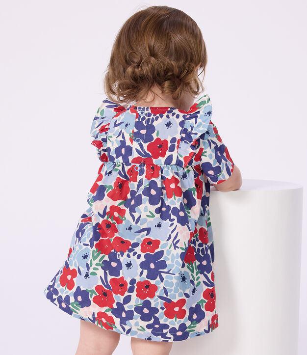 Vestido de algod&oacute;n de manga corta y pololo con estampado de flores para beb&eacute; blanco/multicolor
