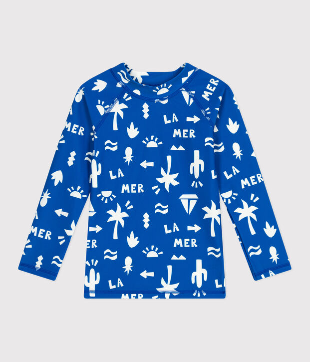 Camiseta infantil de ba&ntilde;o anti-UV de manga larga con estampado azul/blanco
