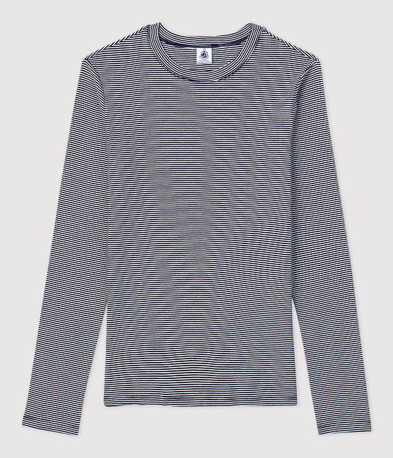 Camiseta L'ICONIQUE con cuello redondo de algodón orgánico de mujer azul SMOKING/blanco MARSHMALLOW