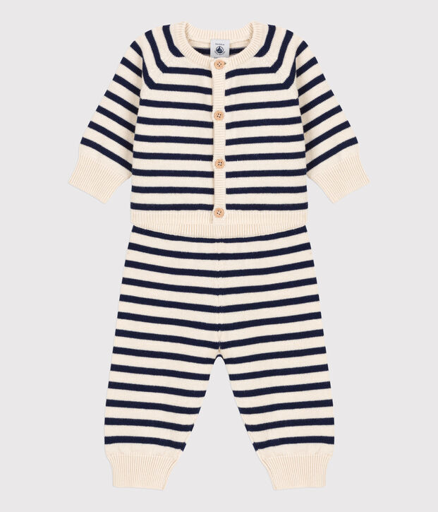 Conjunto de 2 prendas de punto tricotado de lana y algod&oacute;n a rayas marineras para beb&eacute; crudo/azul