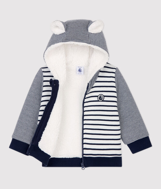 Chaqueta de b&eacute;isbol de sherpa de beb&eacute;. blanco/azul