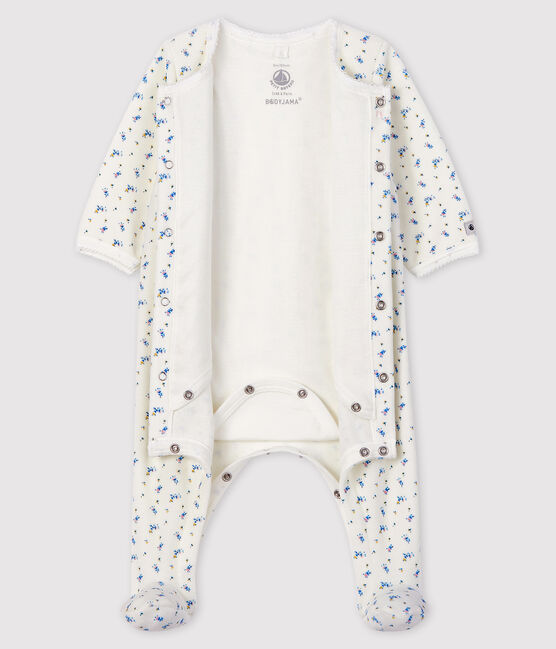 Bodi pijama con estampado de flores de bebé de terciopelo de algodón orgánico blanco MARSHMALLOW/blanco MULTICO