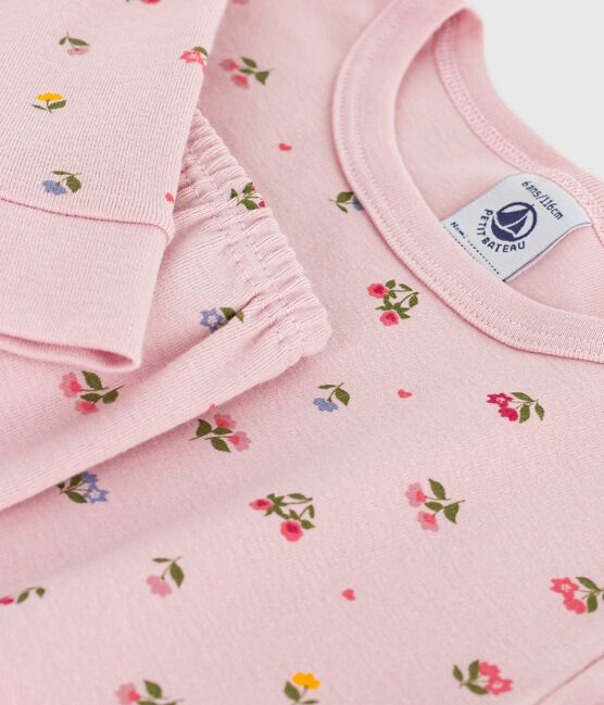 Pijama infantil de algodón con pierna muy ajustada y estampado de flores rosa JOLI/blanco MULTICO