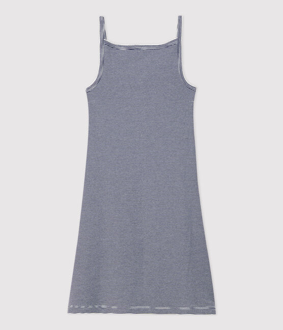 Vestido de tirantes de algodón ORGÁNICO de mujer azul SMOKING/blanco MARSHMALLOW