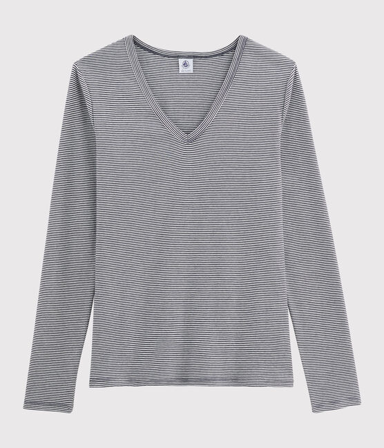 Camiseta de cuello de pico emblemática de algodón de mujer azul SMOKING/blanco MARSHMALLOW