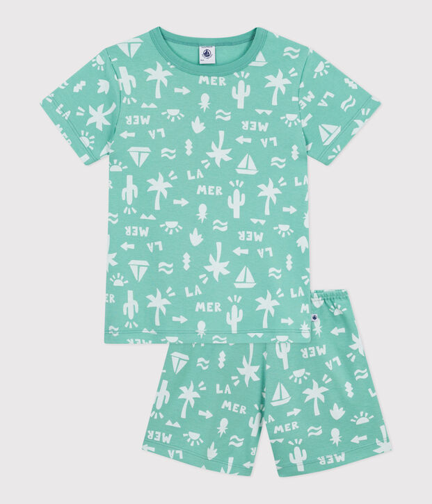 Pijama corto infantil de algod&oacute;n con estampado verde/blanco