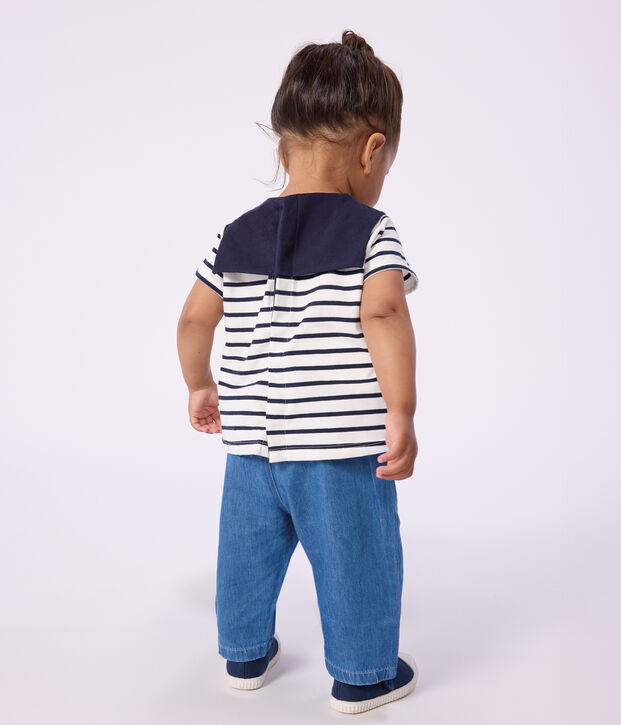 Blusa de algod&oacute;n con rayas marineras y cuello bordado para beb&eacute; blanco/azul