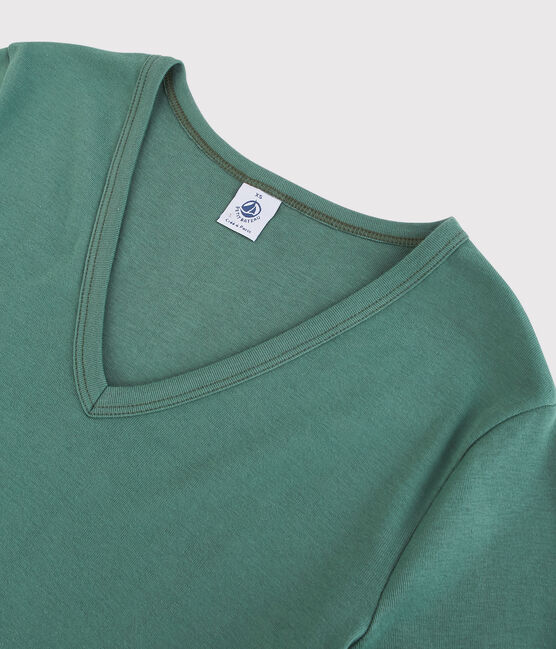 Camiseta de cuello de pico emblemática de algodón de mujer verde VALLEE
