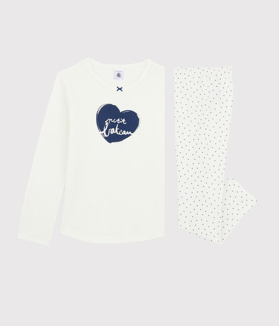Pijama mini de corazones de niña de punto blanco MARSHMALLOW/azul MEDIEVAL