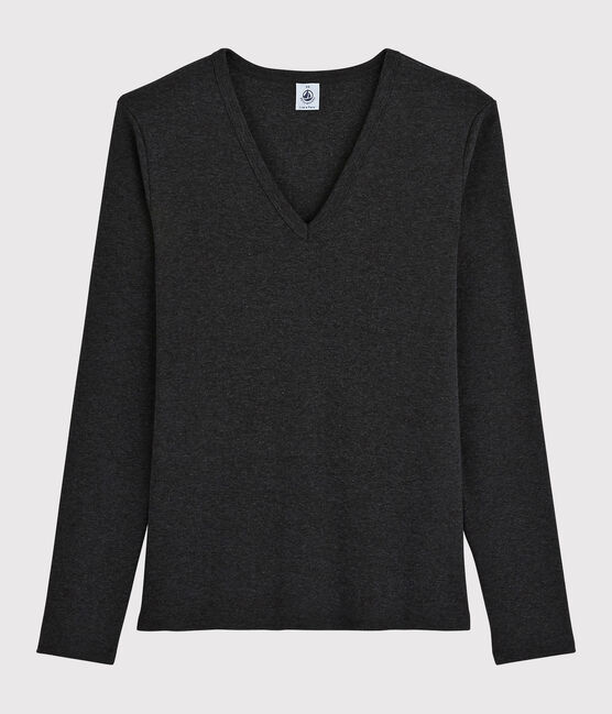 Camiseta de cuello de pico emblemática de algodón de mujer gris CITY CHINE