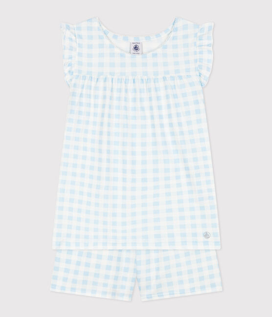 Pijama corto de algodón fino con estampado vichy para niña azul MARSHMALLOW/blanco GOMME