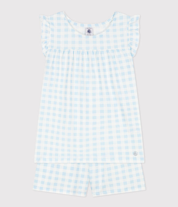 Pijama corto de algod&oacute;n fino con estampado vichy para ni&ntilde;a blanco/azul