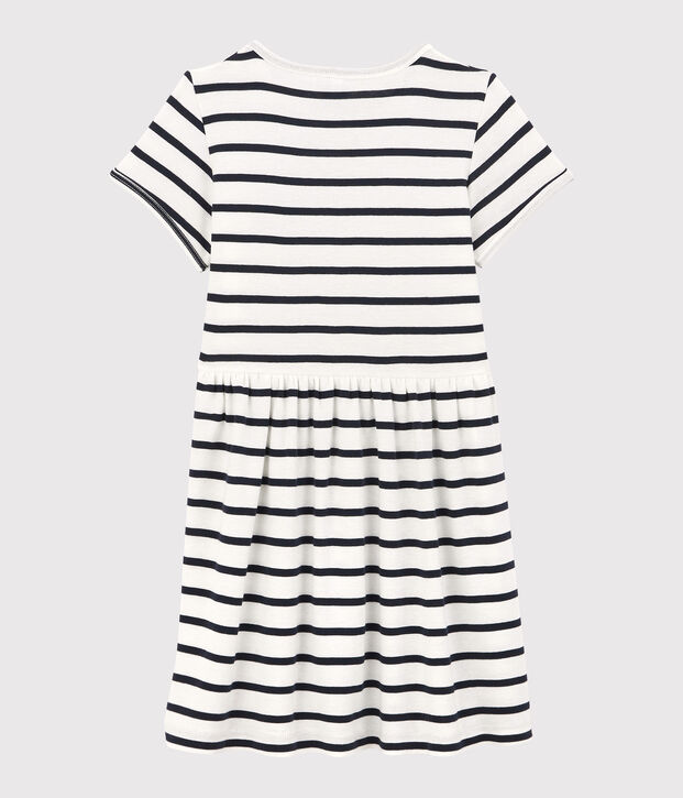 Vestido de manga corta de algod&oacute;n org&aacute;nico de ni&ntilde;a blanco/azul
