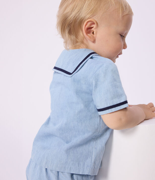 Conjunto de 2 piezas de chambray con camiseta con cuello de uniforme para beb&eacute; azul
