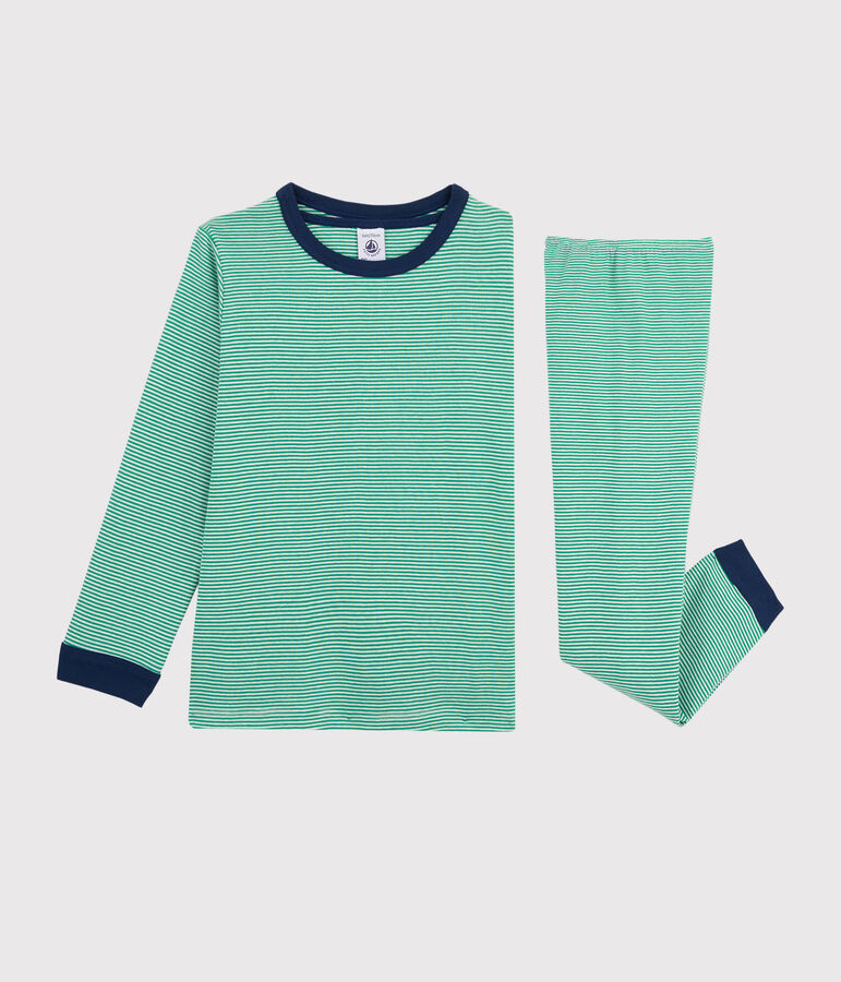 Pijama de mil rayas verde de ni&ntilde;o peque&ntilde;o con acanalado verde/blanco