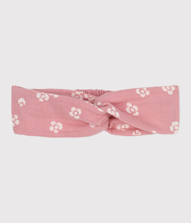 Diadema infantil en gasa de algod&oacute;n con estampado de flores rosa/blanco