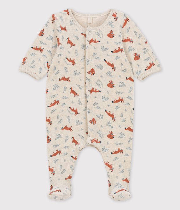 Pelele estampado de terciopelo org&aacute;nico para beb&eacute; beige/blanco