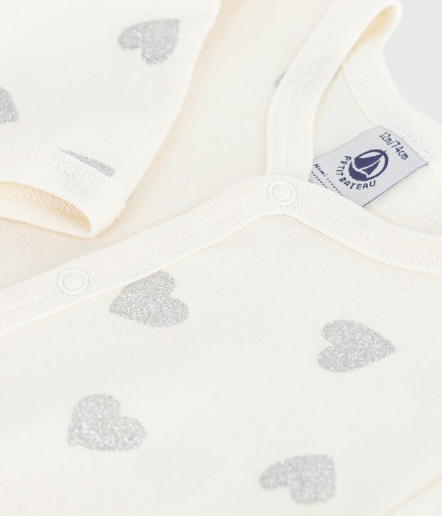 Pijama de beb&eacute; en algod&oacute;n con estampado de corazones con purpurina plateada crudo/gris