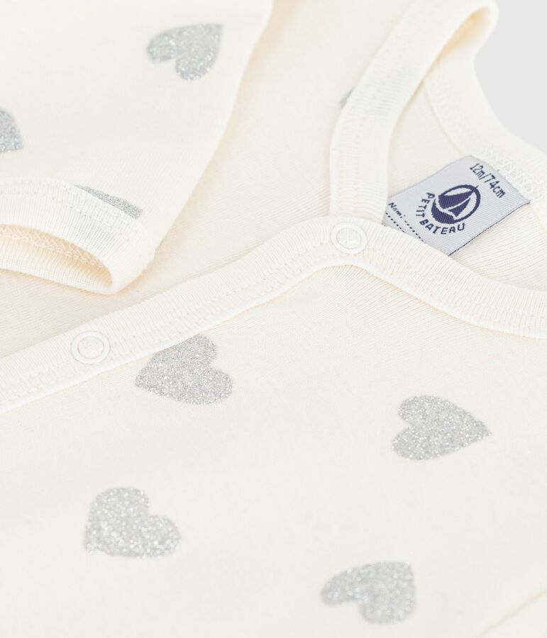 Pijama de beb&eacute; en algod&oacute;n con estampado de corazones con purpurina plateada crudo/gris
