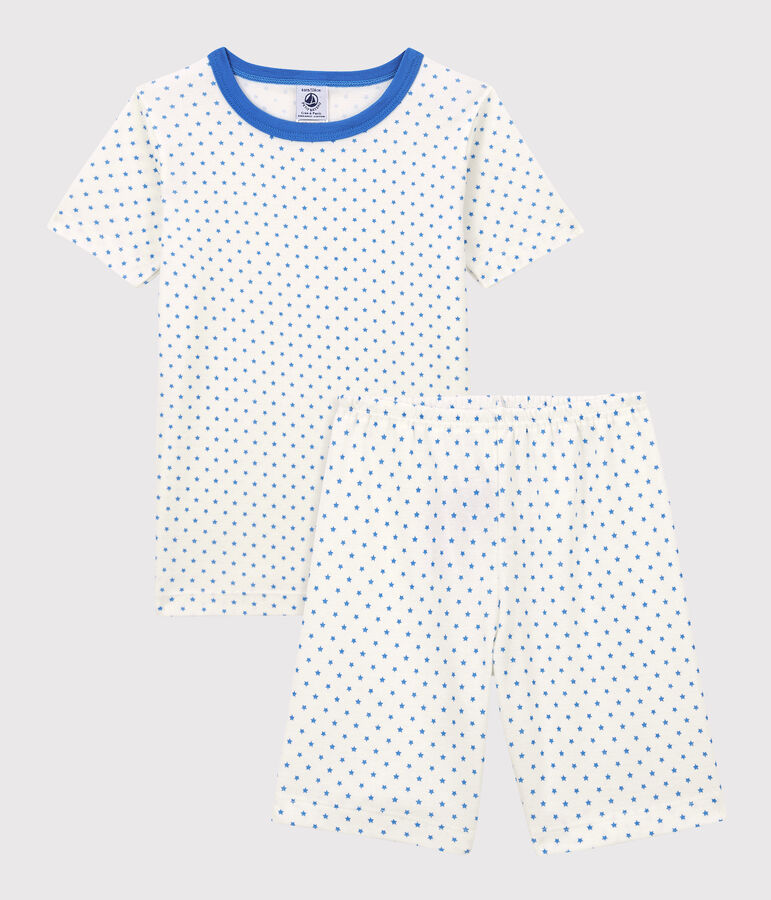 Pijama corto con estrellas azules de algod&oacute;n org&aacute;nico de ni&ntilde;o blanco/azul