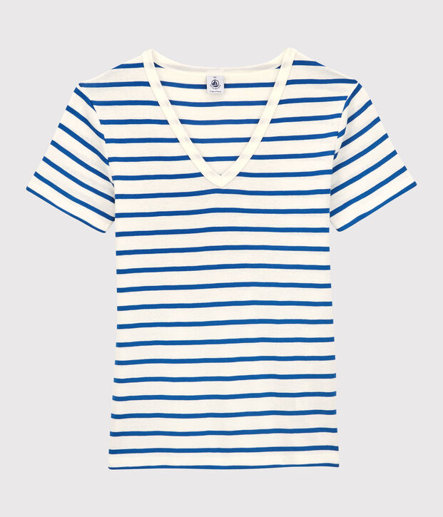 Camiseta L'ICONIQUE con cuello de pico de algod&oacute;n org&aacute;nico de mujer blanco/azul