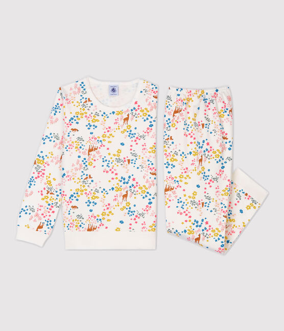 Pijama con estampado de flores de niña de muletón blanco MARSHMALLOW/blanco MULTICO
