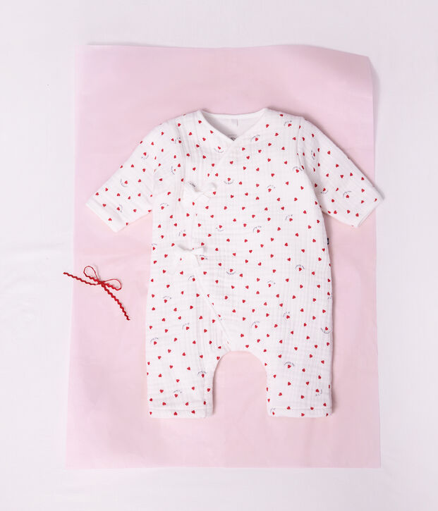 Combinaison longue  b&eacute;b&eacute; en gaze de coton imprim&eacute; petit c&oelig;urs blanco/multicolor