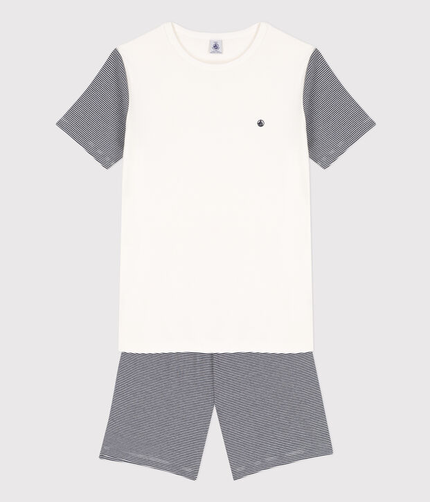 Pijama corto de algod&oacute;n milrayas para ni&ntilde;o azul/blanco