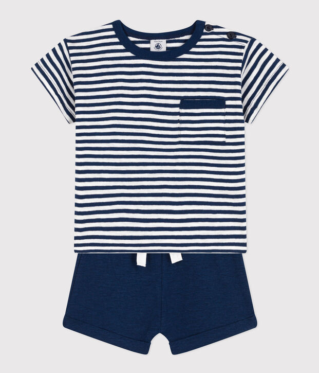 Conjunto de punto flameado y algod&oacute;n para beb&eacute; azul/blanco