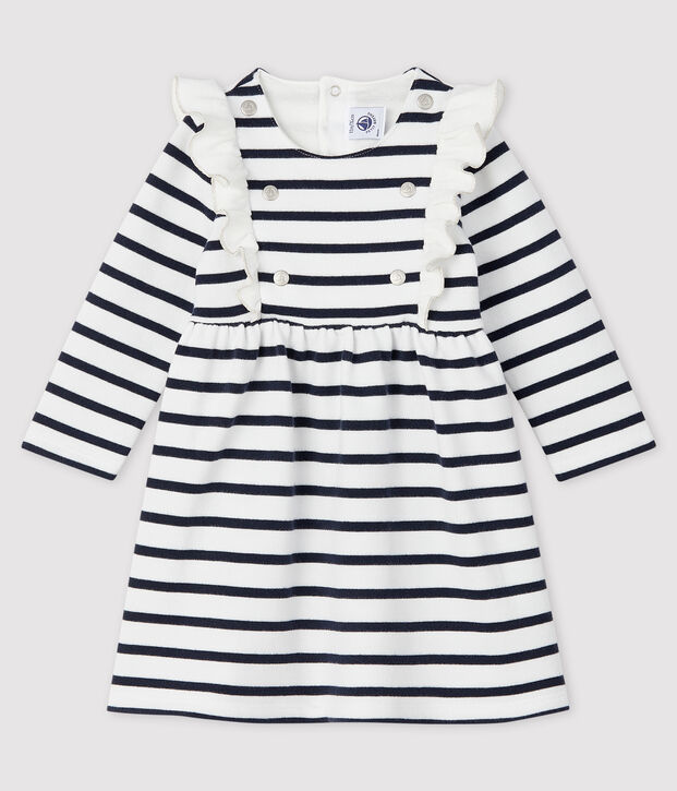 Vestido de manga larga para beb&eacute; ni&ntilde;a blanco/azul