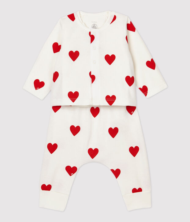 Conjunto de 3 prendas con corazones rojos de beb&eacute; de algod&oacute;n org&aacute;nico blanco/rojo