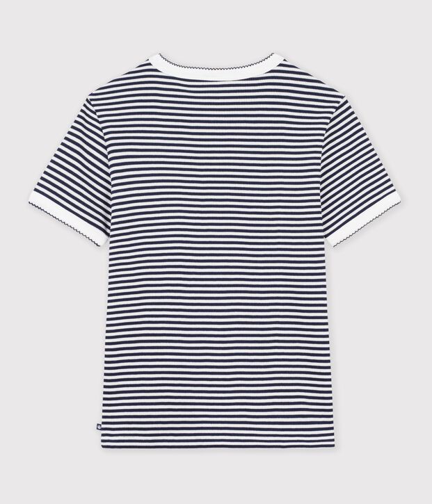 Camiseta de algod&oacute;n de manga corta a rayas para mujer azul/blanco