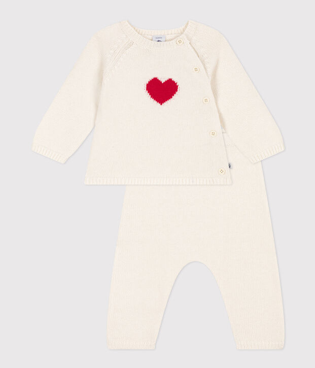 Conjunto de punto de lana y algod&oacute;n con motivo de coraz&oacute;n para beb&eacute; blanco/rojo