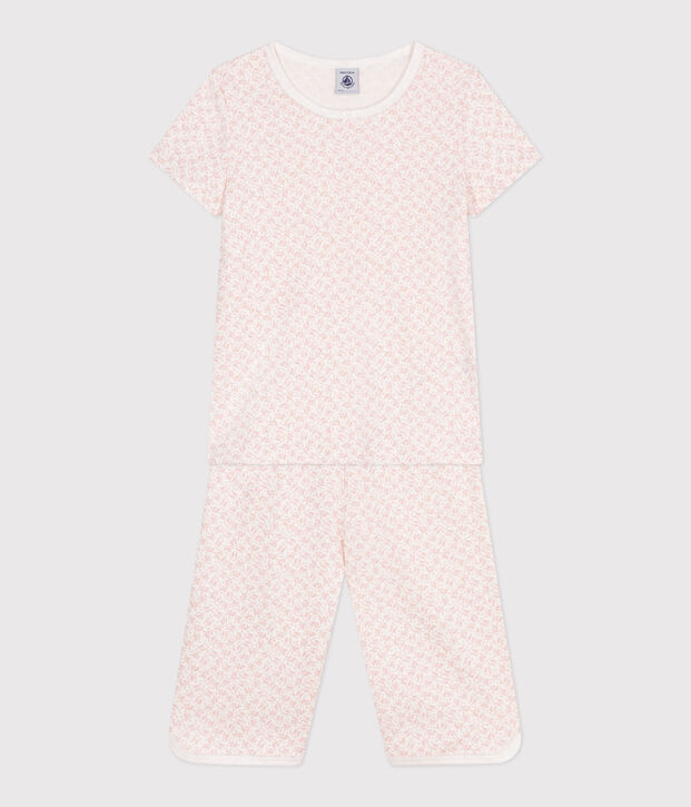 Pijama pirata infantil de algod&oacute;n con estampado de flores blanco/rosa